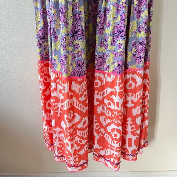 Place du Soleil Floral Ikat Tiered Sleeveless Ruffle Maxi Dress Multicolor - Picture 3 of 11